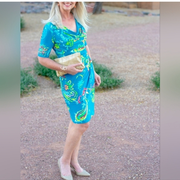 RALPH LAUREN TURQUOISE FLORAL FAUX WRAP DRESS SIZE 2 - Picture 1 of 10